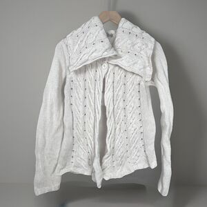 Open Cardigan Y2K Shawl Collar Sweater‎ L Cream Chunky Knit Cottagecore Coastal